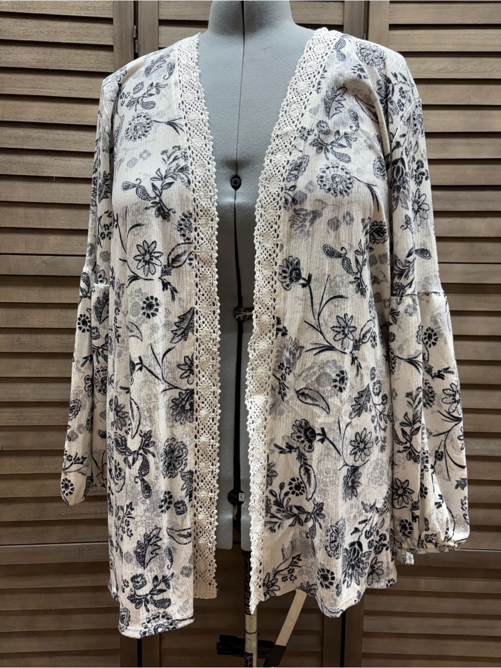 Maurices Cream Cardigan with Black Floral Print & Crochet Trim